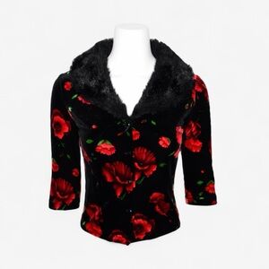 AZIZ Velvet Black & Red Floral Faux Fur Collar Cardigan